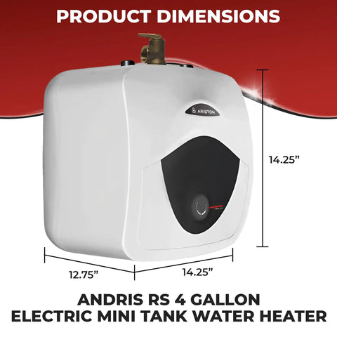 Andris RS 4 Gallon Electric Mini Tank Water Heater with dimensions and 2.5 Gallon 120 Volt Mini Tank Water Heater For Under Sink And RV Use Compact Space Heating Solution With Quick Install Versatile Hot Water Booster For Small Homes And Mobile Living On Demand