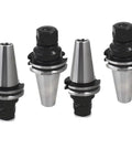 Set of four CAT40 ER20 Collet Chucks with 2.76 Inch Gage Length and 0.0001 Inch Runout, showcasing tool holders for pro-grade milling.