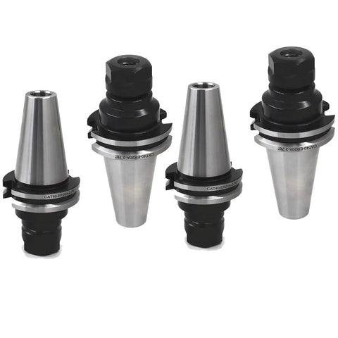 Set of four CAT40 ER20 Collet Chucks with 2.76 Inch Gage Length and 0.0001 Inch Runout, showcasing tool holders for pro-grade milling.