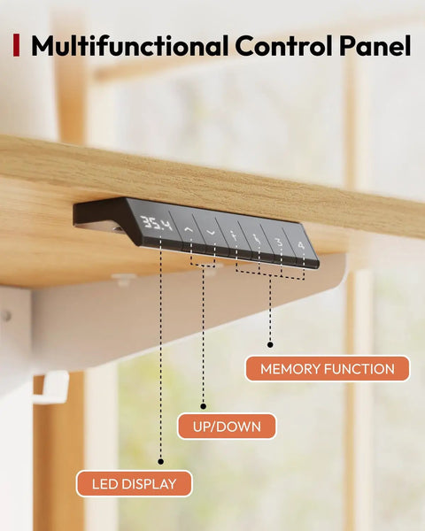 Multifunctional control panel of the Spacious 40 Inch Height Adjustable Electric Standing Desk with LED display and memory function.
