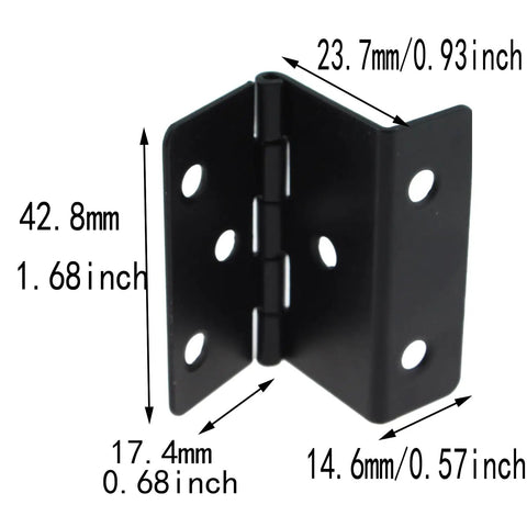 Vintage Black Triple Fold Cabinet Hinges Four Pack Solid Iron Door Hardware Including Mounting Screws, detailed measurements shown.