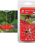 Hummzinger Nectar Guard Tips For Bird Feeders Pack Of 2 Insect Shield in packaging with hummingbirds and feeder.