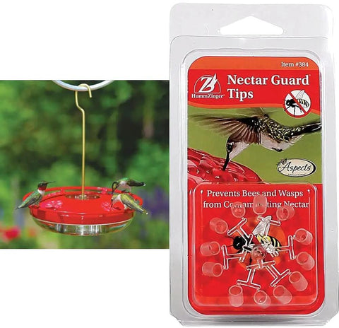 Hummzinger Nectar Guard Tips For Bird Feeders Pack Of 2 Insect Shield in packaging with hummingbirds and feeder.