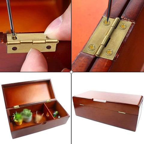 Close-up of 50 Pcs Small Metal Butt Hinges With 200 Screws For Crafts And DIY Projects 18x15mm installed on wooden box lid