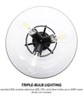 Top view of an Industrial Semi Flush Mount Ceiling Light With Clear Glass Shade In Matte Black Finish, 13.8 Inch Diameter, showing triple-bulb sockets.