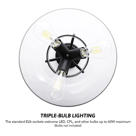 Top view of an Industrial Semi Flush Mount Ceiling Light With Clear Glass Shade In Matte Black Finish, 13.8 Inch Diameter, showing triple-bulb sockets.