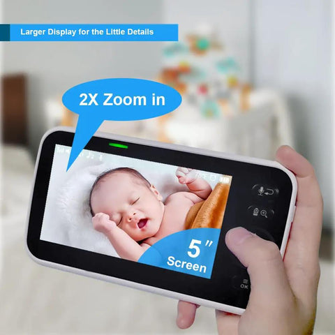 Seriously Solid No Wifi Baby Monitor Camera And Audio With Super Crisp Five Inch Screen showing a baby on a 5 inch display.