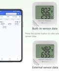 Device showing internal and external readings with External Flat Temperature And Humidity Sensor Probe With Waterproof Rugged Cable, 16.4 Ft Long For Greenhouses, Farms, Freezers And Industrial Use, Wide Range From -40°F To 194°F And 0 To 100% RH, Compatible With IoT Monitors And Y Splitters.