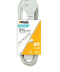 SlimLine Indoor Flat Extension Cord 8 Ft With Right Angle Plug, 16 Gauge, Three Grounded Outlets, coiled with packaging, white