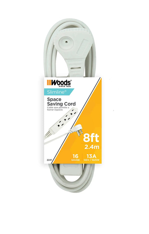 SlimLine Indoor Flat Extension Cord 8 Ft With Right Angle Plug, 16 Gauge, Three Grounded Outlets, coiled with packaging, white