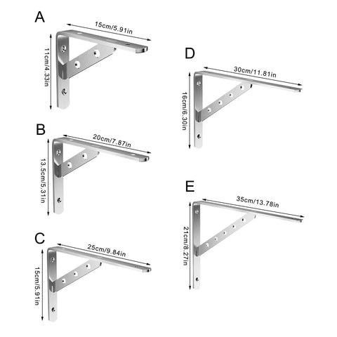 Different sizes of Two Pack Wall Mounted Stainless Steel Brackets With Triangular Structure Heavy Duty Shelf Brackets Adjustable Height.