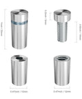 4 stainless steel standoff screws from 12-Pack Stainless Steel Sign Standoff Screws With Wall Anchors And Rubber Pads For Acrylic Signs, Photo Frames, And Advertising Boards showing sizes and threads in silver finish.