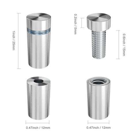 4 stainless steel standoff screws from 12-Pack Stainless Steel Sign Standoff Screws With Wall Anchors And Rubber Pads For Acrylic Signs, Photo Frames, And Advertising Boards showing sizes and threads in silver finish.