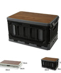 Huge Capacity Folding Storage Bin Built Like A Tank Stackable Wooden Lid Camping Crate with a black plastic frame and brown lid.