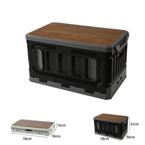 Huge Capacity Folding Storage Bin Built Like A Tank Stackable Wooden Lid Camping Crate with a black plastic frame and brown lid.