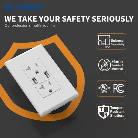 Dual USB Wall Outlet With 4.0A Fast Charging, 20 Amp Duplex Tamper Resistant Receptacle, Wall Plate Included, UL Listed