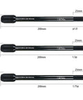 Three sizes of Bike Trainer Thru Axle Skewer 12x142 To 148mm Aluminum Alloy CNC Machined displayed with dimensions and threads.