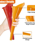 Hand holding red and yellow Long Neck Oil Funnel Set 2 Pack Small Plastic Spill Saver Funnels with pointed mouth and edge design