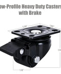 Low Profile Caster Wheels Set Of Four Heavy Duty Swivel Casters With Locking Brake For Industrial Workbenches showing dimensions and details.