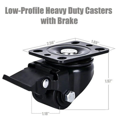 Low Profile Caster Wheels Set Of Four Heavy Duty Swivel Casters With Locking Brake For Industrial Workbenches showing dimensions and details.
