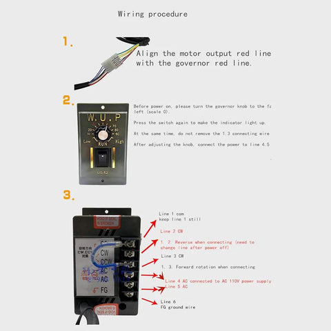 Wiring procedure for 110V adjustable gear motor with speed controller.