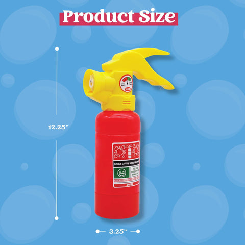 Automatic Bubble Blower Fire Extinguisher Style Bubble Machine with 230 Ml Bubble Solution, red and yellow, product size.