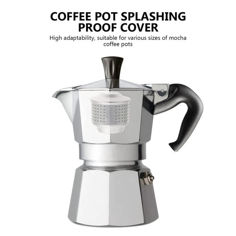 Image of a coffee pot with a Two Pack Aluminum Coffee Pot Spout Cover Splash Guard For Espresso And Mocha Pots No Mess Spills Easy Fit For Various Pot Sizes Durable Aluminum Splash Guard Ideal Maker Supplies displayed.