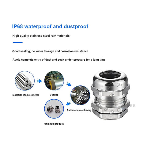 8Pcs 304 Stainless Steel Waterproof Cable Glands IP68 PG7 M12 M16, showing exterior and internal details for sealing and durability.
