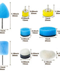 22 Piece Mini Buffing Polishing Pads Kit For Drill And Rotary Tools, foam and wool pads with measurements shown
