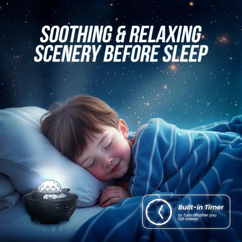 Child sleeping with Cosmic Projector With Built In Bluetooth Speaker casting stars in bedroom for relaxation and sleep night light.