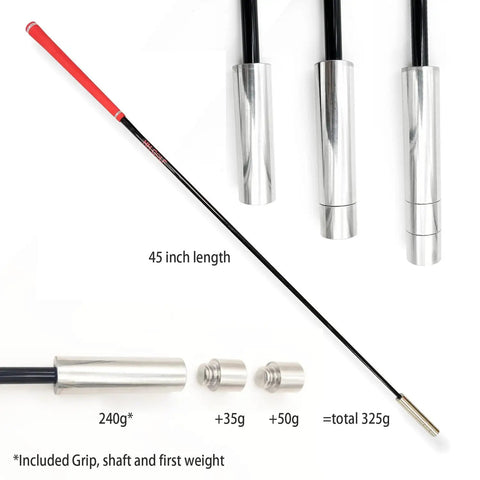 Three Weight Golf Swing Speed Trainer Stick with adjustable club head weights and 45-inch shaft for strength training.