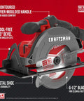 Close-up of circular saw in V20 7 Tool Cordless Power Tool Kit With 2 Batteries And Charger for home DIY projects, red and gray design