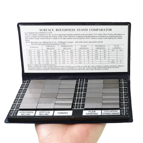Hand holding Surface Finish Comparator Set Ra 0.05 To 12.5 Micrometers, 30 hardened steel blocks in open case.