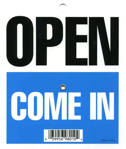 Durable Will Return Front Door Sign For Small Biz And Retail Stores Made From Heavy Duty Tear Resistant Plastic with 'OPEN' and 'COME IN' text.