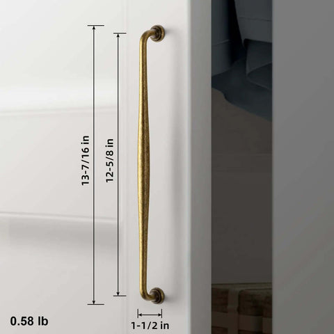 Antique Brass Cabinet Pulls 12 5/8 Inch Hole Centers Six Pack Zinc Alloy Vintage Drawer Spindle Handles on white cabinet