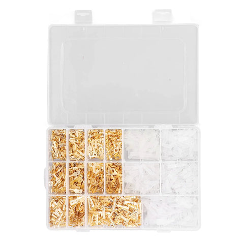 Slick Setup Pro Grade Killer Spade Connector Kit With 1000 Gold Plated Copper Male Female Wire Crimp Terminals In 2 8Mm 4 8Mm And 6 3Mm, organized in a clear storage box.