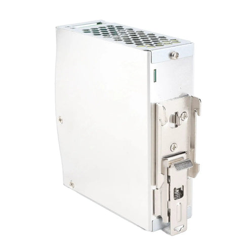 Industrial Power Supply NDR 120 24V 5A 120W Rail Mount Ready, AC Input 100 240V, Built For Heavy Duty Industrial Use and Stable Output That Keeps Your Rigs Running Smooth silver metal rail-mount power supply with vented top