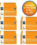 Inspire Nitrile Gloves Medical Examination packaging; cobalt blue gloves; sizes S, M, L, XL, XXL; six orange boxes.