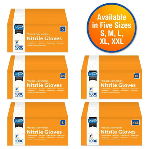 Inspire Nitrile Gloves Medical Examination packaging; cobalt blue gloves; sizes S, M, L, XL, XXL; six orange boxes.