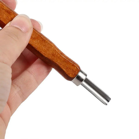 Close-up of chisel from Wood Carving Tools Set 3 6 9 Piece Chisel Kit With Hand Handles Pro Grade High Carbon Steel Blades DIY Sculpture Kit