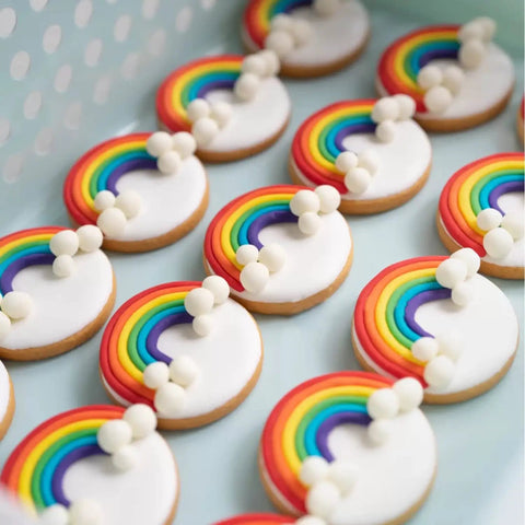 Sweet Rainbow Cloud Fondant Molds Set Of 4 for cake decorating with colorful rainbow and cloud fondant toppers on cookies