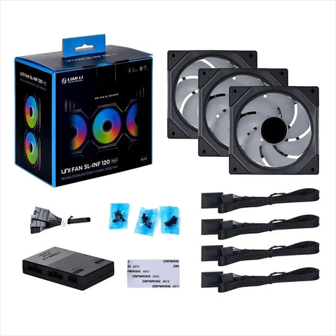 UNI Fan SL Infinity 120mm Triple Pack ARGB Case Fans With Infinity Mirror Daisy Chain Design Dope Lighting Effects One Cable Connection Controller Included Black package with fans, cables, and controller.