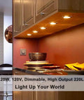 G8 Halogen Bulbs 10 Pack, 20W 120V Bi Pin Xenon JCD Type, Warm White Dimmable Under Cabinet Puck Lights in wooden cabinet