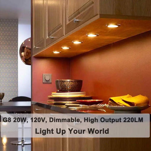 G8 Halogen Bulbs 10 Pack, 20W 120V Bi Pin Xenon JCD Type, Warm White Dimmable Under Cabinet Puck Lights in wooden cabinet