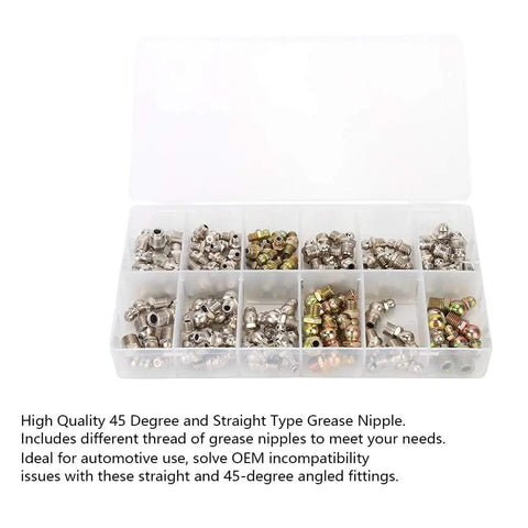 130 Piece Grease Fitting Set With 45 Degree And Straight Nipples, Iron Plated in Compartment Box for Automotive and Industrial Maintenance