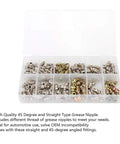 Box of Grease Nipple Fitting Kit for Mechanics, 130-piece assortment, iron plated lubrication nipples, straight and 45-degree styles, M6 M8 threads visible