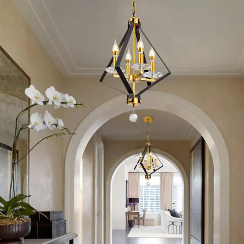 4 Light Lantern Chandelier In Black And Gold With A Dope Mid Century Geometric Square Cage Pendant Light For Kitchen Island Hallway Entryway Foyer And Dining Room, Adjustable Height And Dimmable With E12 Bulbs Not Included hanging in archway