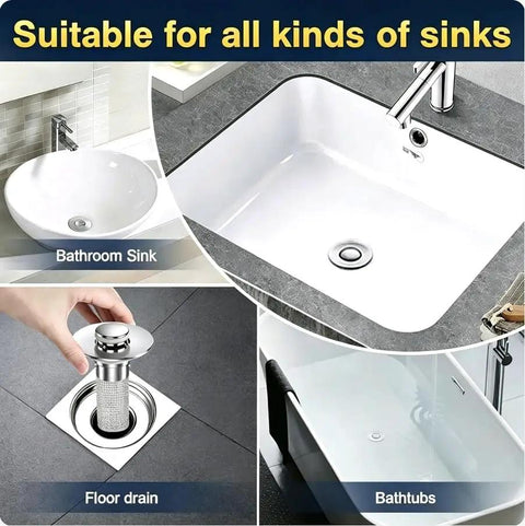 Universal Bathroom Sink Drain Stopper Pop Up Filter With 304 Stainless Steel Hair Catcher Strainer Basket Anti Clog Design Fits US Standard Sinks Bathtubs And Showers For A No Sweat Setup in a bathroom sink and floor drain.