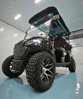 Sweet Setup Four Seater Electric Golf Cart With Powerful 48V Motor And Integrated Sunroof Black, angled front view showcasing the rugged tires and sleek design.
