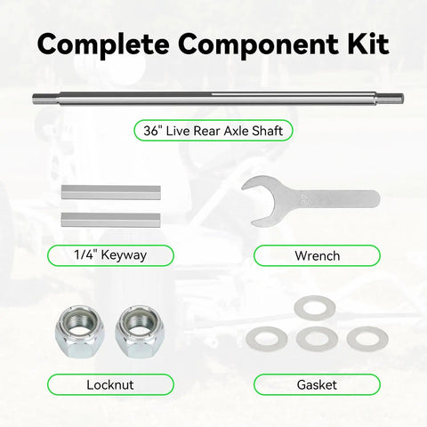 Complete component kit for 36 Inch Rear Axle Shaft Kit For Go Karts And Off Road Vehicles with wrench, gasket, locknuts.